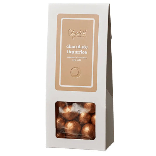 Xocolatl Chokoladelakrids Karamel 90 g – lakrids med karamelchokolade, salmiak og havsalt, med sødmælks-/helmjölkpulver, hvedemel og rugmel samt emulgator soja lecithin, opbevares tørt ved 15–18 grader