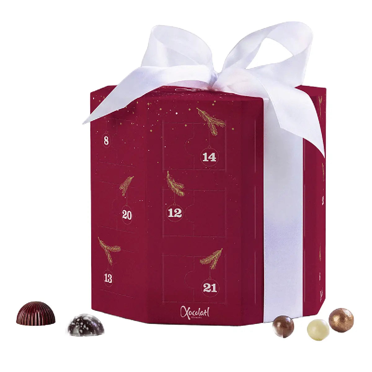 Xocolatl Christmas Joy For 1 julekalender til 1 person med fyldte chokolader, vingummi, lakrids, bolcher, karameller og chokoladenødder, ca. 325 g