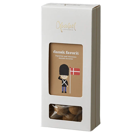 Xocolatl Dansk Favorit med blød lakrids, mælkechokolade, lakridspulver og salmiak i pose med 90 g