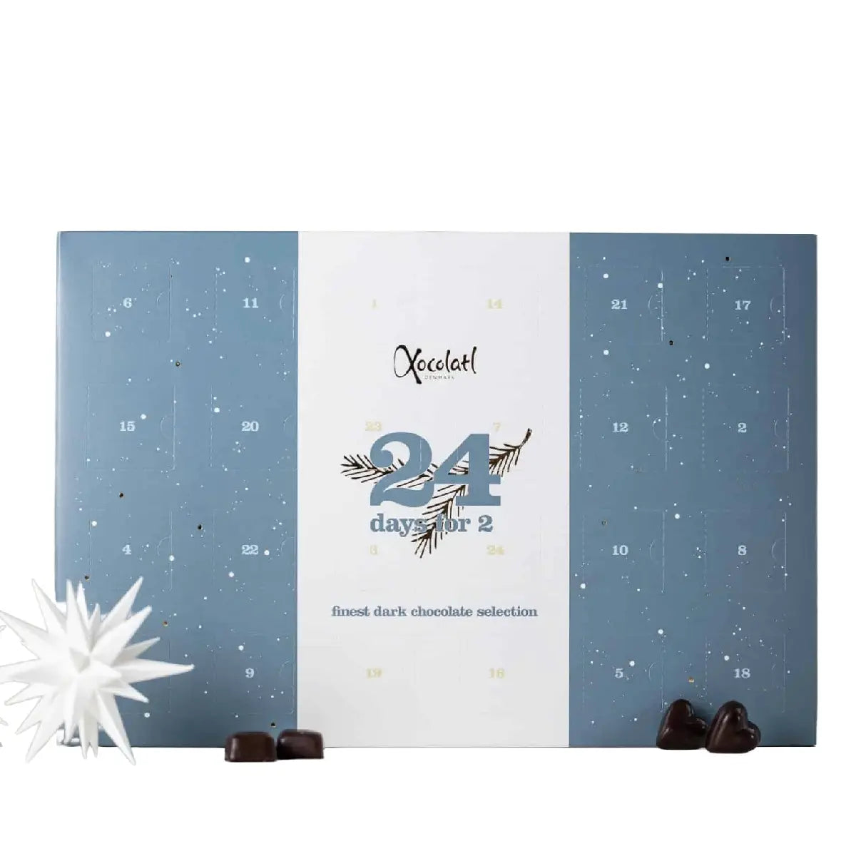 Xocolatl Finest Dark Selection For 2 julekalender med fyldte mørke chokolader, 2 stykker bag hver låge og smage som saltkaramel, kirsebær, marcipan og passionsfrugt, ca. 400 g
