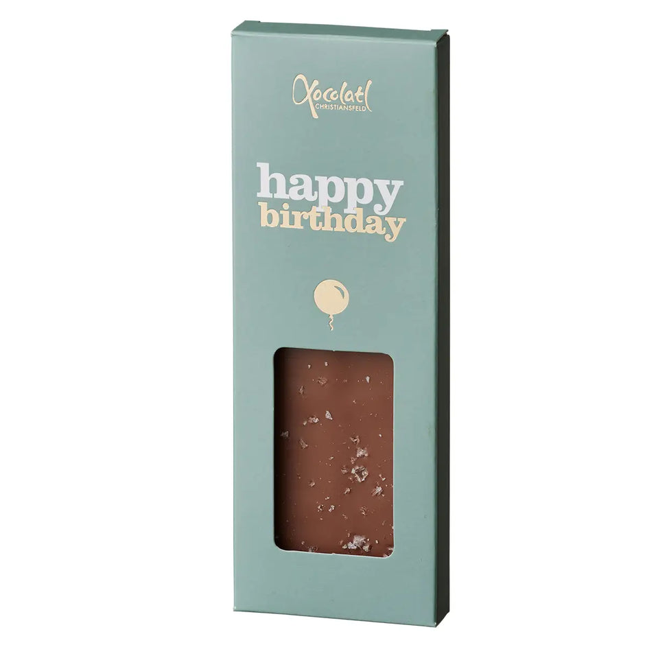 Xocolatl Happy Birthday karamelchokolade med havsalt, gaveklar chokoladeplade til fødselsdag med sød og salt smag, 50 g