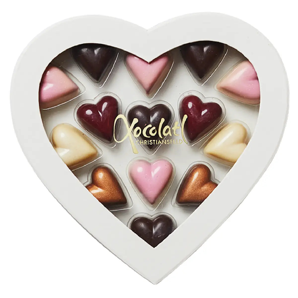 Xocolatl Heart Box 14 hjerteformet gaveæske med 14 fyldte chokolader med passionsfrugt, solbær, karamel og hasselnød, 140 g