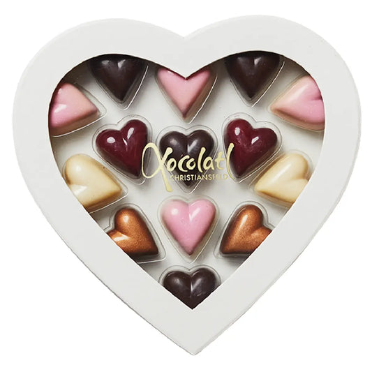 Xocolatl Heart Box 14 hjerteformet gaveæske med 14 fyldte chokolader med passionsfrugt, solbær, karamel og hasselnød, 140 g