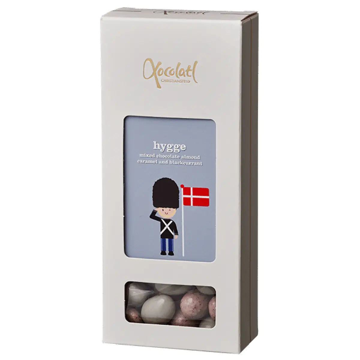 Xocolatl Hygge med mandler, chokolade, solbær, hindbær og havsalt i pose med 90 g