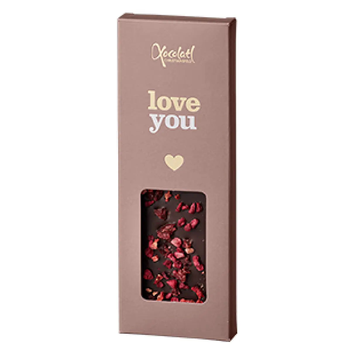 Xocolatl Love You mørk chokolade med røde frugter, tranebær, hindbær og jordbær, 50 g