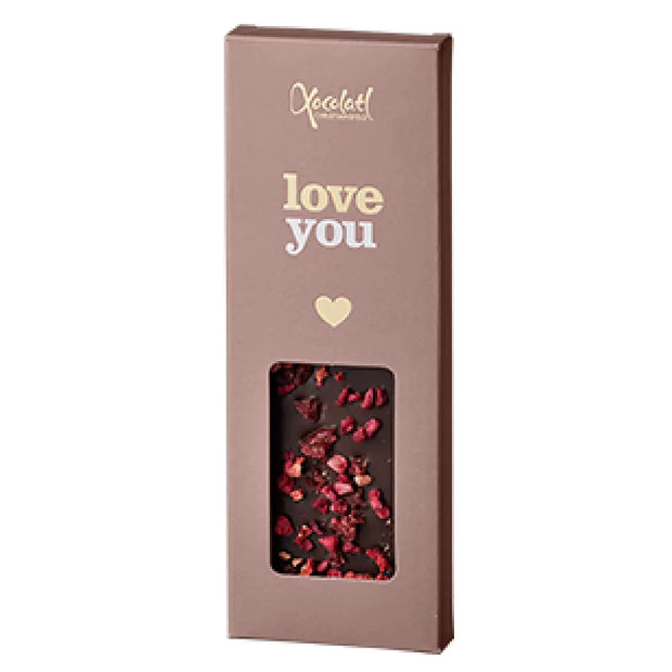 Xocolatl Love You mørk chokolade med røde frugter, tranebær, hindbær og jordbær, 50 g