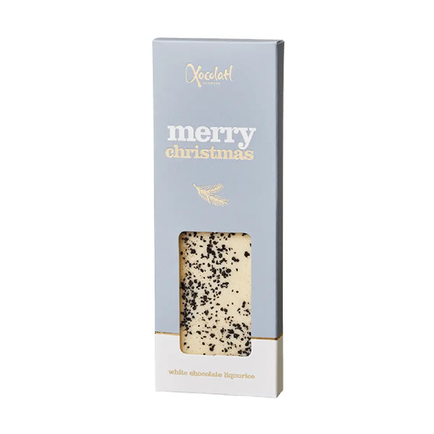 Xocolatl Merry Christmas Grey 50 g med hvid chokolade og lakrids