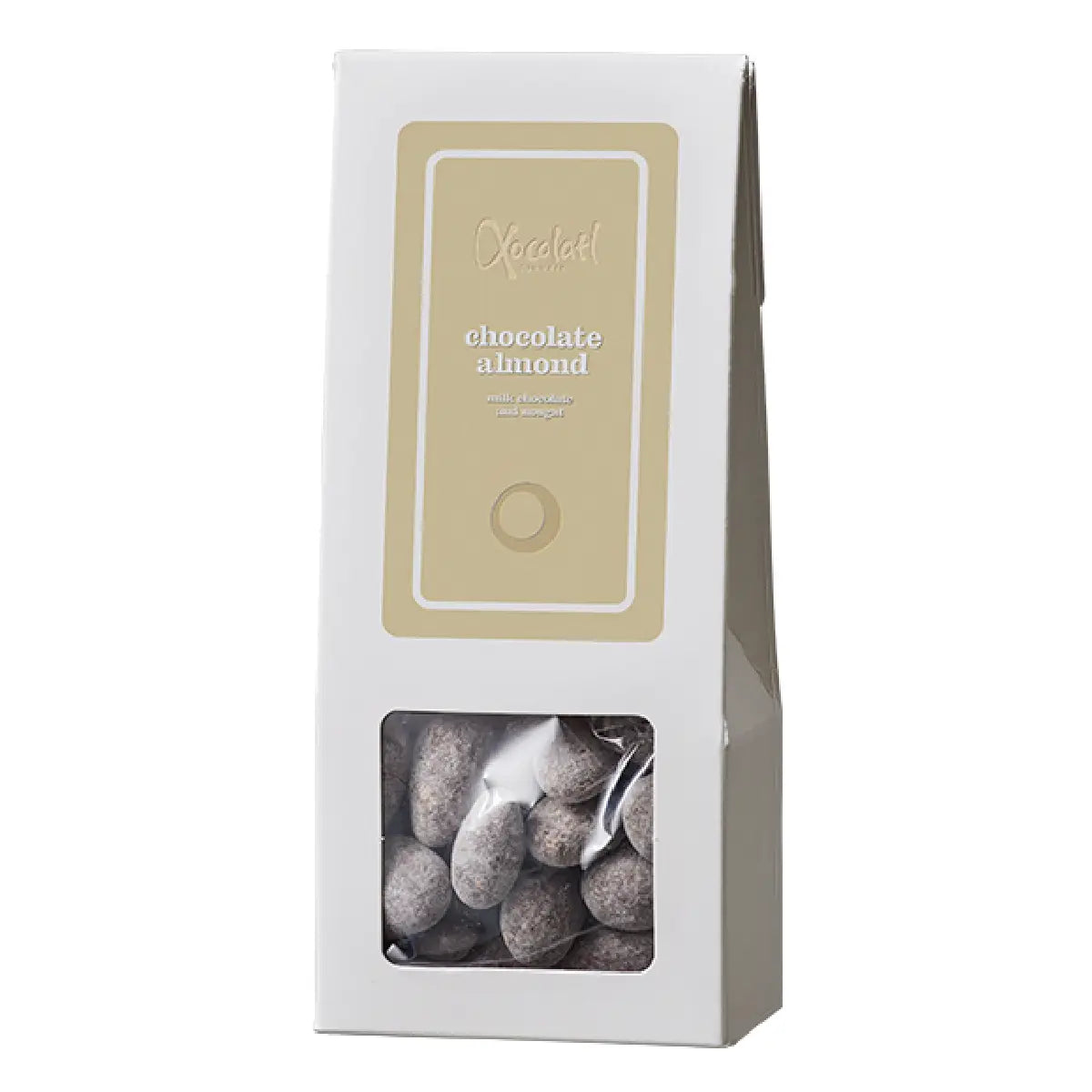 Xocolatl Nougat Mandler 90 g – sprøde dragéer med mandler og hasselnødder, chokolade, flormelis og havsalt, med soja lecithin og vanilje, opbevares tørt ved 15–18 grader