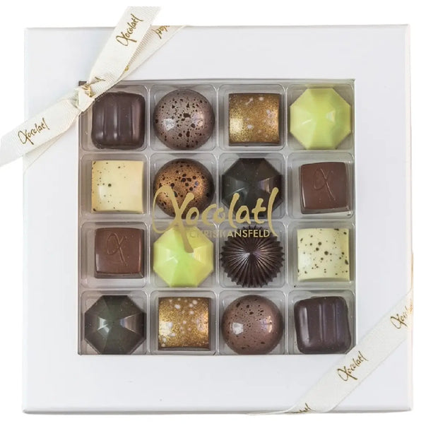 Xocolatl Premier Cru 16 chokoladeæske med 16 fyldte chokolader med mint, lakrids, saltkaramel, rom, orange og marcipan, 150 g