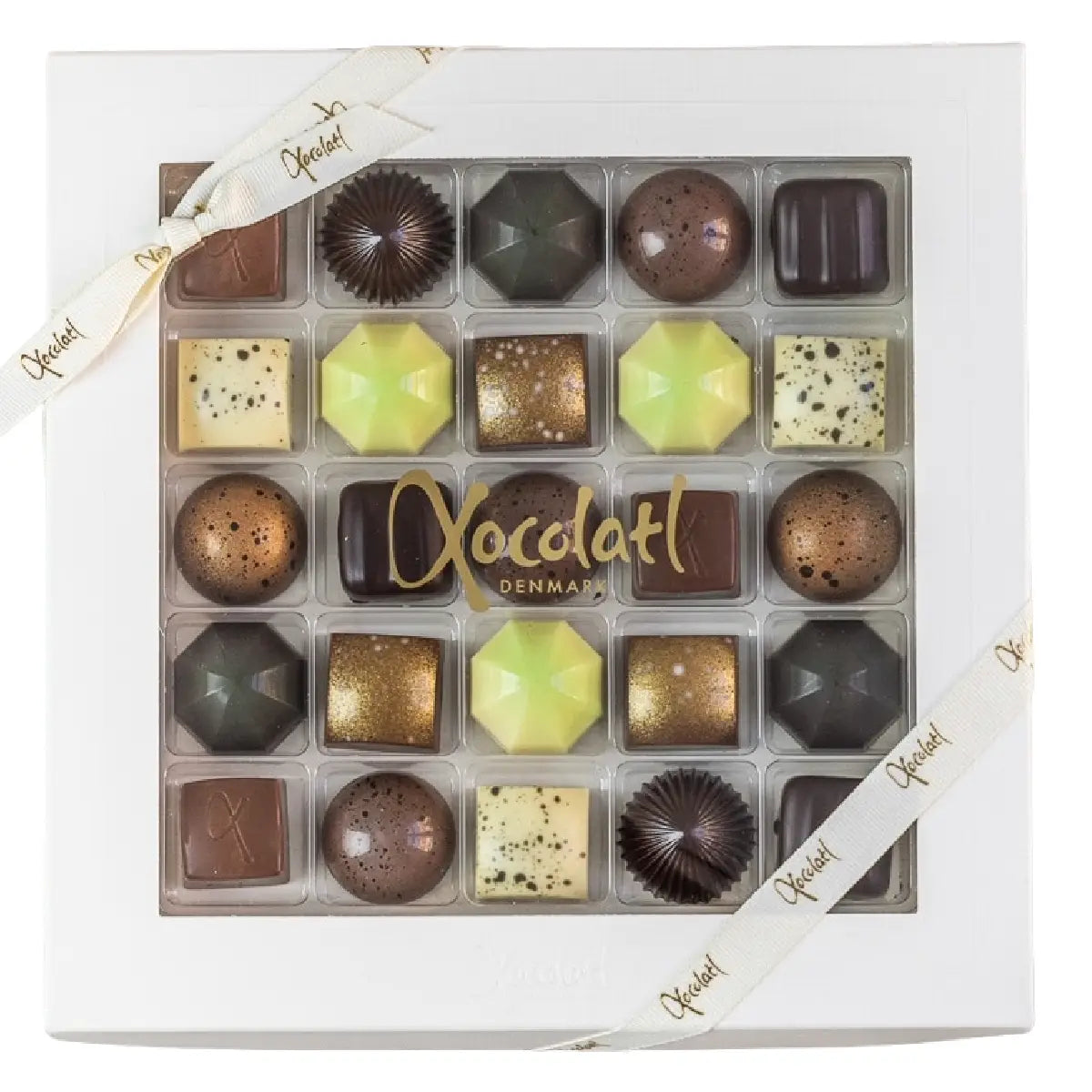 Xocolatl Premier Cru 25 230 g – gaveæske med 25 fyldte chokolader med karamel, lakrids/salmiak, citrus og pebermynte, lavet med fløde og smør samt mandler og hasselnødder, opbevaring 15–18 grader