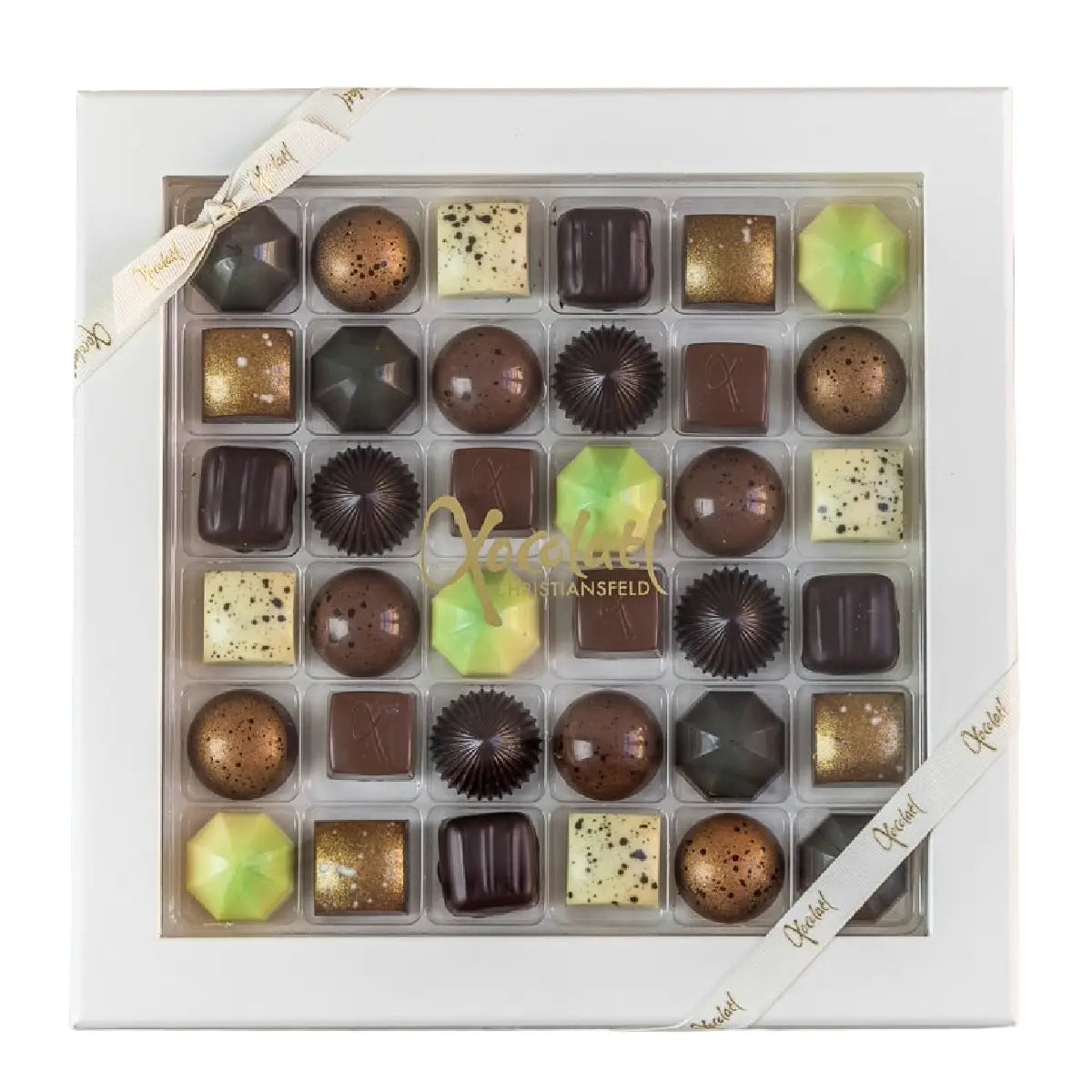 Xocolatl Premier cru 36 gaveæske med 36 fyldte chokolader – marcipan i mørk chokolade og fyld med appelsin, lakrids, mint, nougat, kokos, saltkaramel, citron og flødekaramel, ca. 330 g