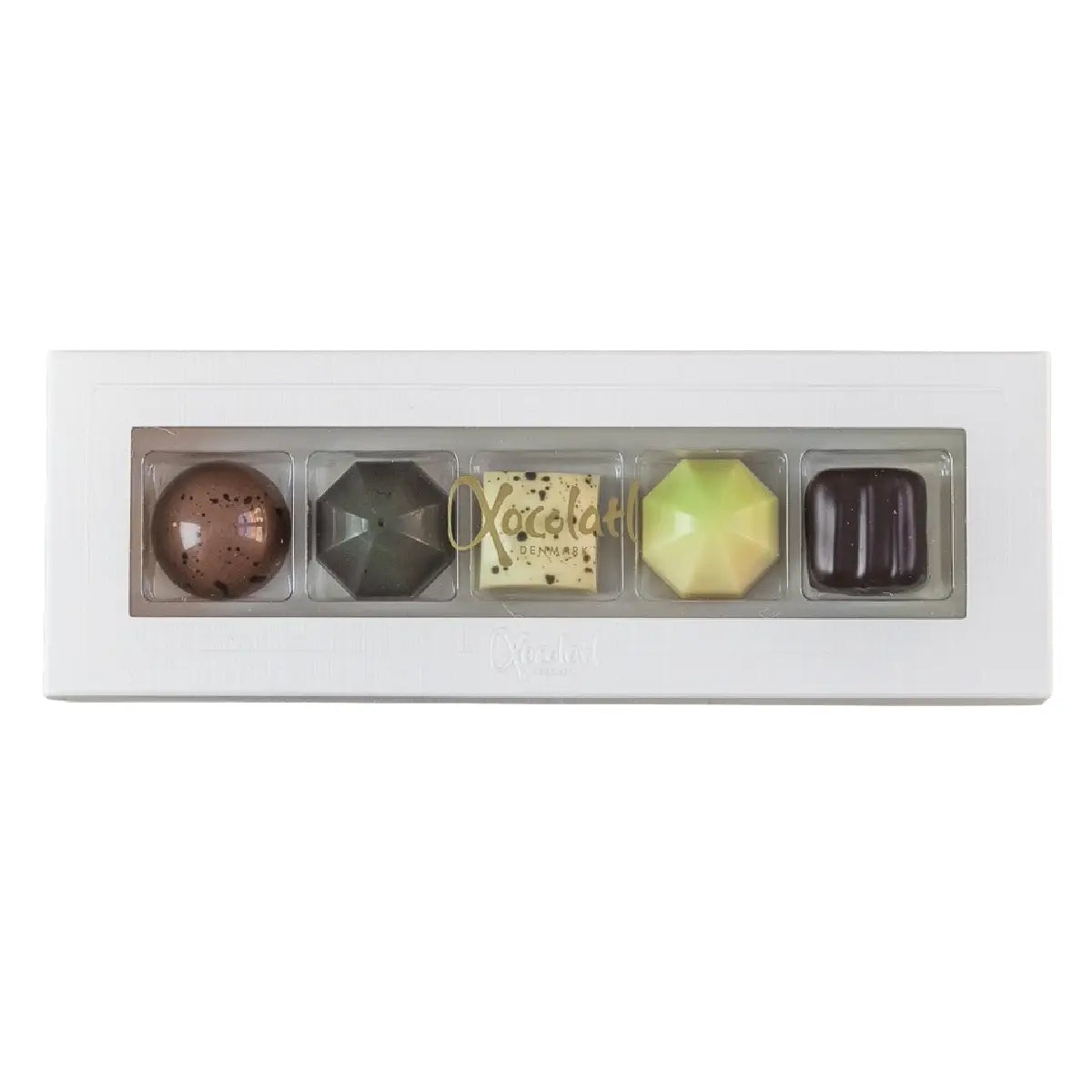 Xocolatl Premier Cru 5 lille chokoladeæske med 5 fyldte chokolader med saltkaramel, lakrids, citron og marcipan, 50 g