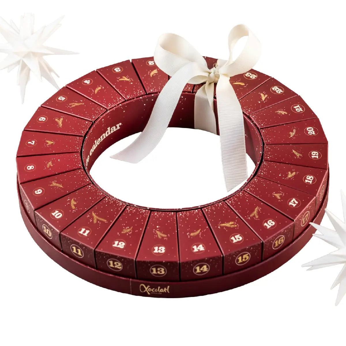 Xocolatl Round Calendar For 2 rund julekalender med 2 ens stykker chokolade bag hver låge og smage som flødekaramel, marcipan, nougat og lakrids, ca. 425 g