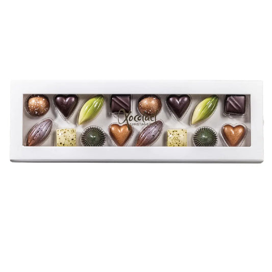 Xocolatl Selection 16 gaveæske med 16 fyldte chokolader med nougat, karamel, citron, lakrids, passionsfrugt, marcipan og mint, 140 g