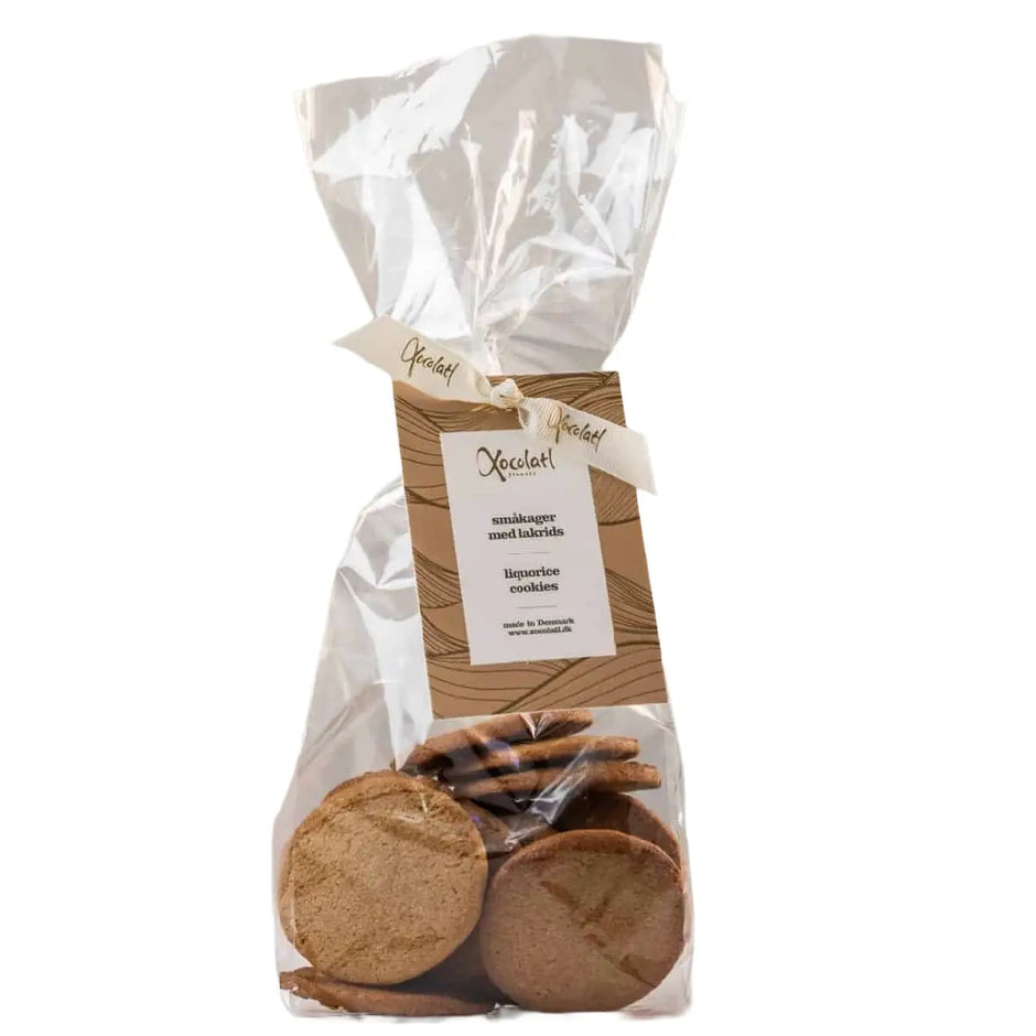Xocolatl Småkager Lakrids 150 g – sprøde småkager med lakrids, bagt med hvedemel, smør og æg, klassisk kage til kaffe og hygge, fremstillet hos Honningkagebageriet i Christiansfeld