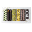 Xocolatl Spring Selection 340 g – gaveæske med fyldte chokolader og dragé, med mandler, kokos, citrus og passionsfrugt samt udvalgte varianter med vodka og Malibu, opbevares ved 15–18 grader