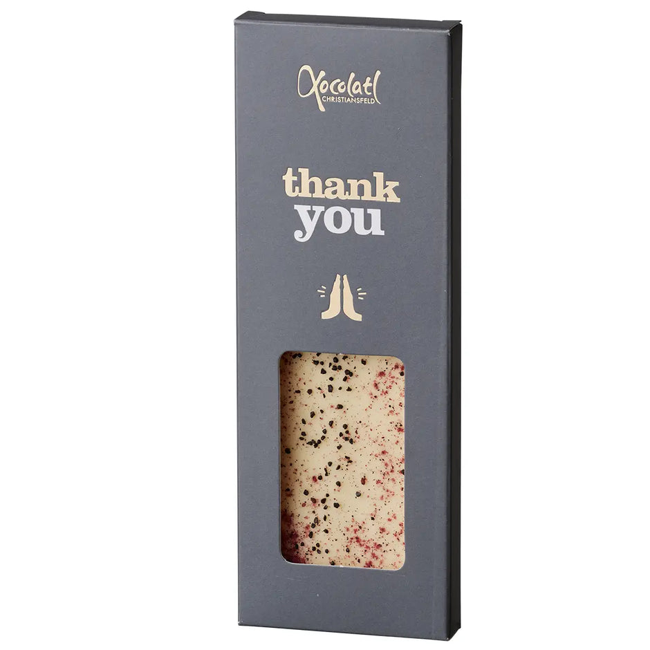 Xocolatl Thank You hvid chokolade med lakridsgranulat, gaveklar chokoladeplade med sød og cremet lakridssmag, 50 g