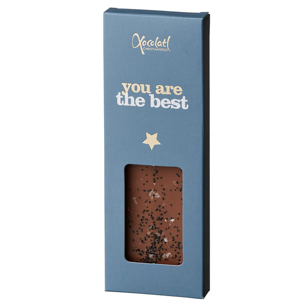 Xocolatl You Are The Best mælkechokolade med lakridsgranulat og havsalt, gaveklar chokoladeplade med sød og salt smag, 50 g