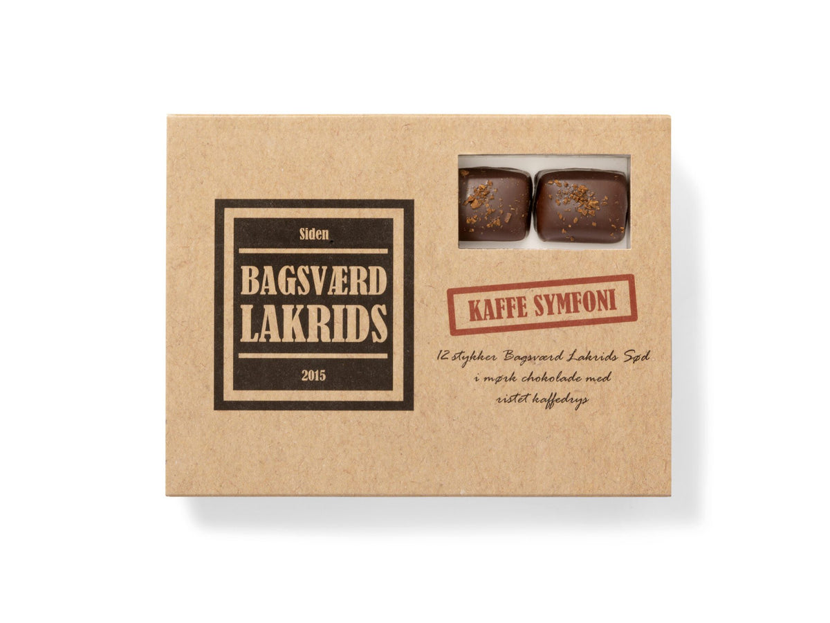 Bagsværd Lakrids Kaffe Symfoni æske – håndlavet sød lakrids overtrukket med mørk chokolade og toppet med ristede kaffebønner, aromatisk chokoladelakrids med tydelig kaffeprofil