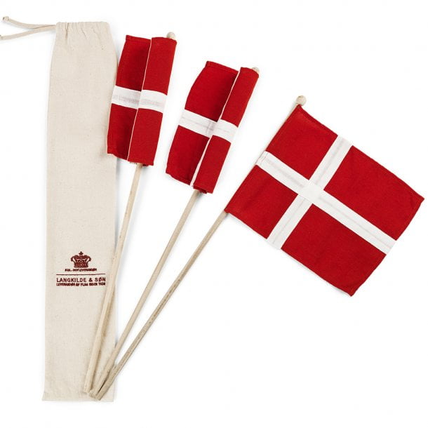 Langkilde & Søn Hurraflag i ægte flagdug 3 stk. i broderet stofpose