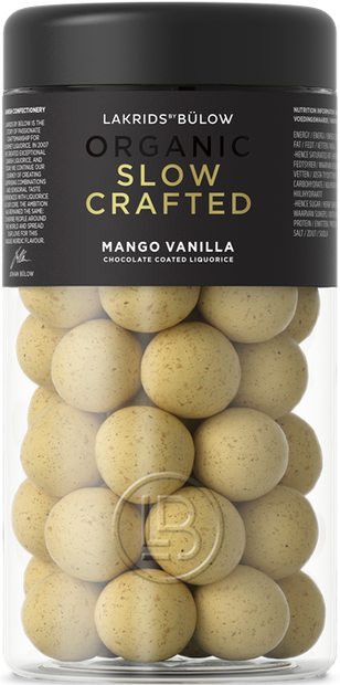 Lakrids by Bülow MANGO & VANILLA 265 g med økologisk Slow Crafted lakrids, Alphonso-mango, Bourbon-vanilje og hvid chokolade